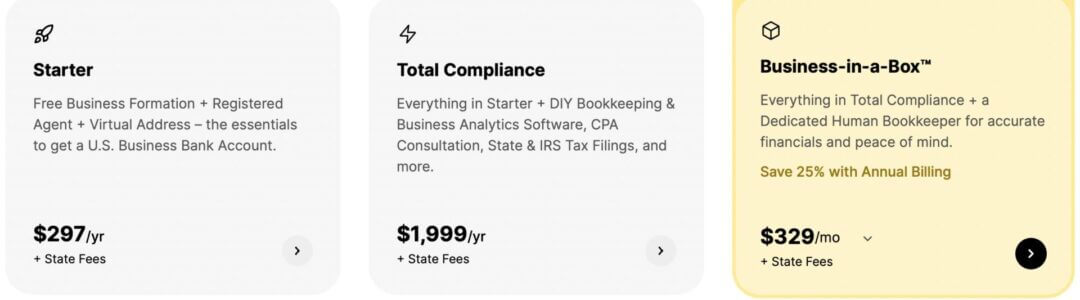 doola offers three plans, but if you're looking for the most complete setup, from formation to finances, the Business-in-a-Box™ Plan is the one to look at.